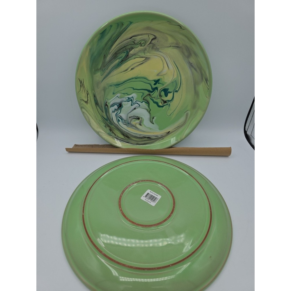 Marbled Enamelware 12" Dinner Plates Set of 2 Modern Monet Green Blue Artsy